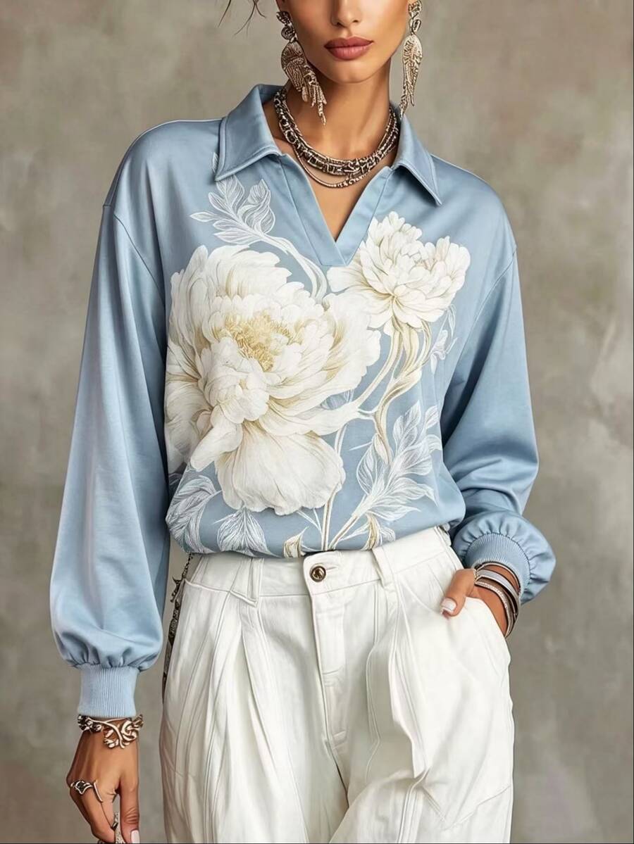 INAWLY White And Blue Floral Drop Shoulder Sweatshirt Everyday High Tea Autumn Romantic Elegant - Baby Blue - View 1