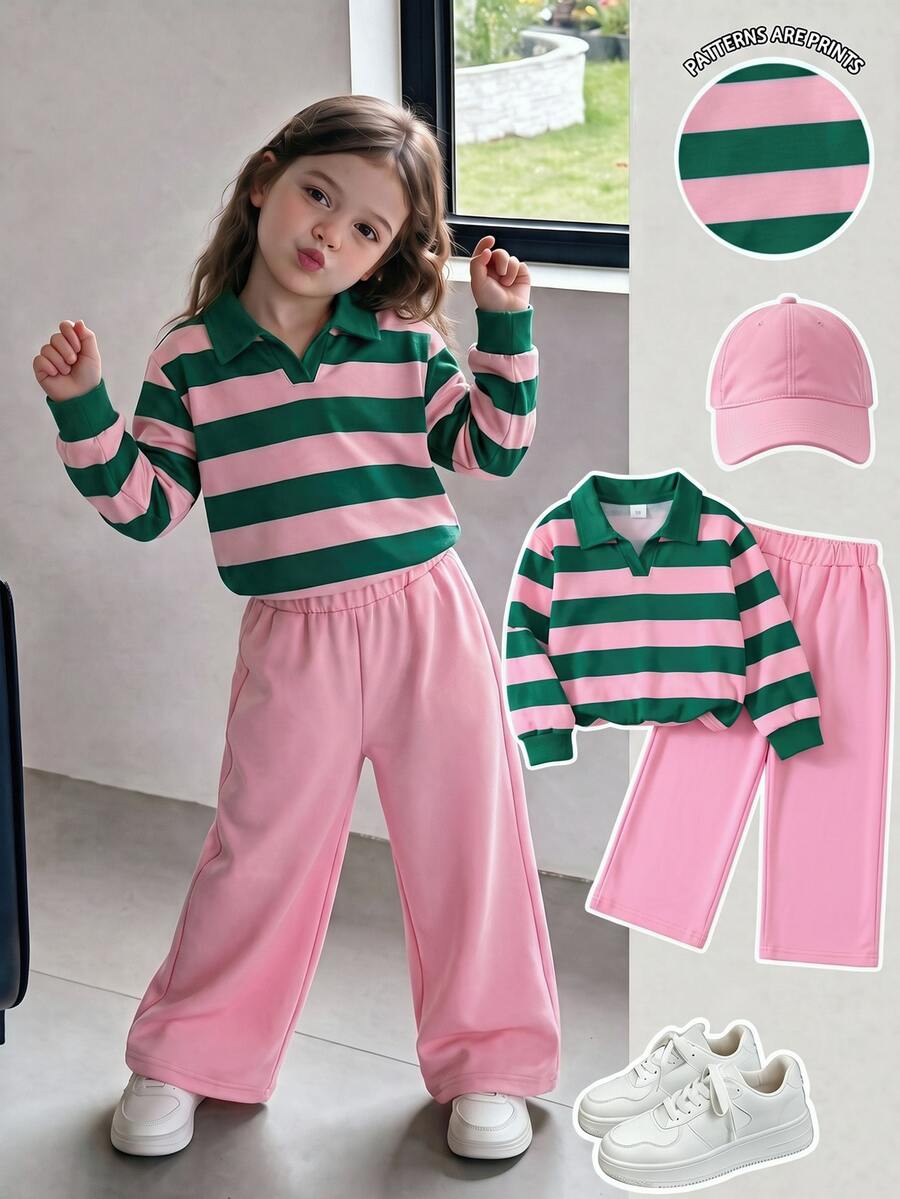 Young Girl 2 Pieces Set Fashion Casual Colorblock Thick Stripe Print Contrast Collar V-Neck Long Sleeve Sweatshirt And Wide Leg Pants Set, Soft Fabric, Suitable For Outings In Autumn/Winter - Multicolor - View 1