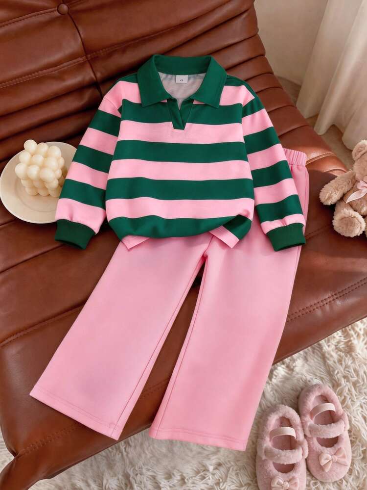 Young Girl 2 Pieces Set Fashion Casual Colorblock Thick Stripe Print Contrast Collar V-Neck Long Sleeve Sweatshirt And Wide Leg Pants Set, Soft Fabric, Suitable For Outings In Autumn/Winter - Multicolor - View 6