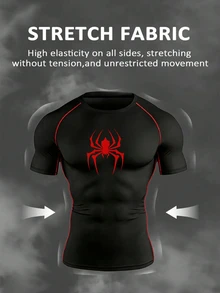 Gym Rark Men's Spider Print Compression Shirt,Black And Red Summer Athleisure Gym T-Shirt,4-Way Stretch Sweat-Wicking Raglan Sleeve Slim Fit Workout Training - Black - View 3