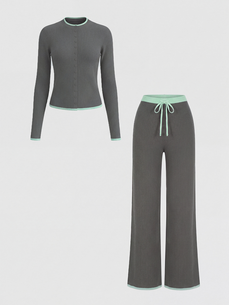 Sweetra Women's Colorblock Single-Breasted Long Sleeve Sweater And Drawstring Waist Pants 2 Pieces Set - Grey - View 1