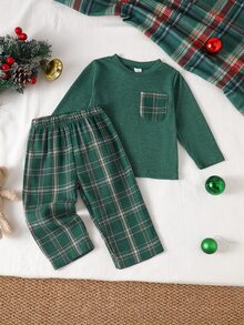 SHEIN Playful Pals 2pcs Toddler Boy T-Shirt Pants Set Cute Dark Green Plaid Pocket Checkered Long Sleeve Round Neck Regular Holiday Party Fall Cozy Jogging Elasticated - Green - View 4