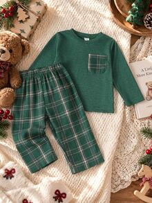SHEIN Playful Pals 2pcs Toddler Boy T-Shirt Pants Set Cute Dark Green Plaid Pocket Checkered Long Sleeve Round Neck Regular Holiday Party Fall Cozy Jogging Elasticated - Green - View 2