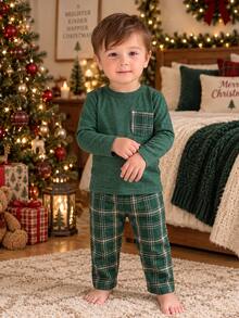 SHEIN Playful Pals 2pcs Toddler Boy T-Shirt Pants Set Cute Dark Green Plaid Pocket Checkered Long Sleeve Round Neck Regular Holiday Party Fall Cozy Jogging Elasticated - Green - View 1