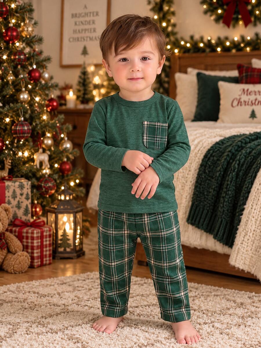 SHEIN Playful Pals 2pcs Toddler Boy T-Shirt Pants Set Cute Dark Green Plaid Pocket Checkered Long Sleeve Round Neck Regular Holiday Party Fall Cozy Jogging Elasticated - Green - View 1