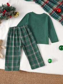 SHEIN Playful Pals 2pcs Toddler Boy T-Shirt Pants Set Cute Dark Green Plaid Pocket Checkered Long Sleeve Round Neck Regular Holiday Party Fall Cozy Jogging Elasticated - Green - View 3