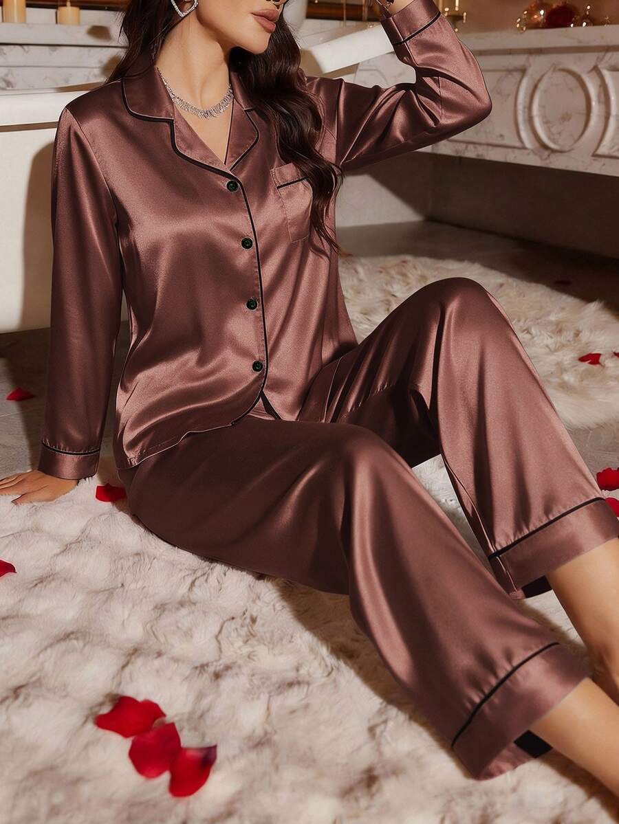 LuxeNights 純色仿絲長袖長褲睡衣套裝 - 棕色 - 查看 1