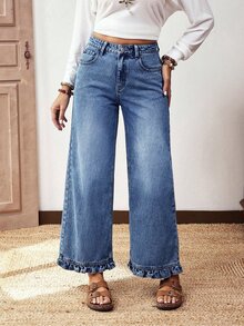 EMERY ROSE Jeans rectos de pierna con dobladillo de volantes de color azul medio, cómodos y casuales para mujer de talla grande - Azul lavado medio - Ver 6