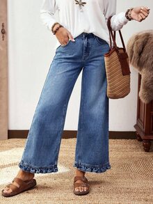 EMERY ROSE Jeans rectos de pierna con dobladillo de volantes de color azul medio, cómodos y casuales para mujer de talla grande - Azul lavado medio - Ver 5