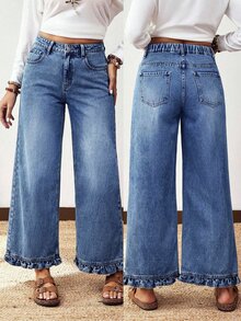 EMERY ROSE Jeans rectos de pierna con dobladillo de volantes de color azul medio, cómodos y casuales para mujer de talla grande - Azul lavado medio - Ver 1