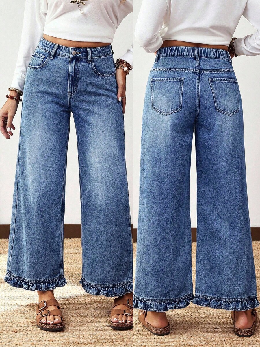 EMERY ROSE Jeans rectos de pierna con dobladillo de volantes de color azul medio, cómodos y casuales para mujer de talla grande - Azul lavado medio - Ver 1