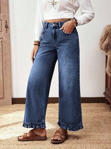 EMERY ROSE Jeans rectos de pierna con dobladillo de volantes de color azul medio no elástico, estilo casual cómodo para mujer de talla grande - Azul lavado oscuro - Ver 5