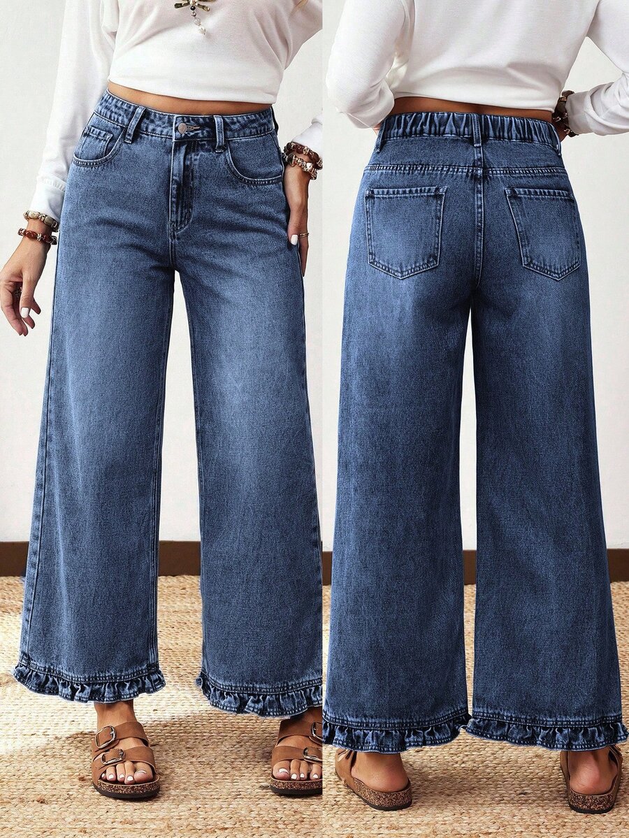 EMERY ROSE Jeans rectos de pierna con dobladillo de volantes de color azul medio no elástico, estilo casual cómodo para mujer de talla grande - Azul lavado oscuro - Ver 1