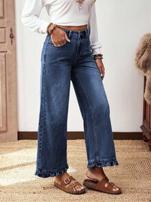 EMERY ROSE Jeans rectos de pierna con dobladillo de volantes de color azul medio no elástico, estilo casual cómodo para mujer de talla grande - Azul lavado oscuro - Ver 7
