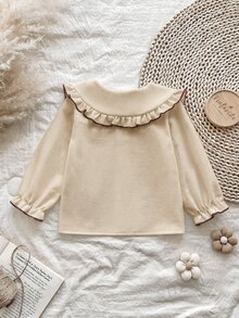 SHEIN Vintaside Kids Baby Girls' Cotton Floral Embroidered Blouse, Ruffle Long Sleeve Top With Turn-Down Collar & Button Front, Cute Vintage Style For Spring/Fall - Khaki - View 2
