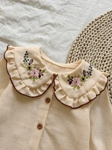 SHEIN Vintaside Kids Baby Girls' Cotton Floral Embroidered Blouse, Ruffle Long Sleeve Top With Turn-Down Collar & Button Front, Cute Vintage Style For Spring/Fall - Khaki - View 6
