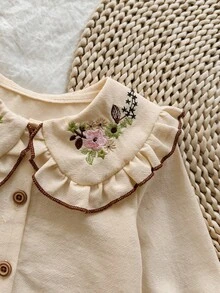 SHEIN Vintaside Kids Baby Girls' Cotton Floral Embroidered Blouse, Ruffle Long Sleeve Top With Turn-Down Collar & Button Front, Cute Vintage Style For Spring/Fall - Khaki - View 5