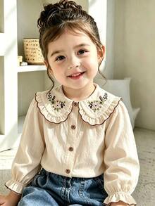SHEIN Vintaside Kids Baby Girls' Cotton Floral Embroidered Blouse, Ruffle Long Sleeve Top With Turn-Down Collar & Button Front, Cute Vintage Style For Spring/Fall - Khaki - View 3
