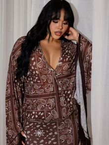 Rustia Plus Size Printed Paris Dress With Criss-Cross Front And Cinched Waist, Early Autumn - Brown - View 7