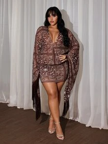 Rustia Plus Size Printed Paris Dress With Criss-Cross Front And Cinched Waist, Early Autumn - Brown - View 4