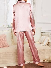 LuxeNights Contrast Piping Satin Pajama Set, Fall Winter Clothes Cozy And Elegant Details - Dusty Pink - View 2