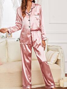 LuxeNights Contrast Piping Satin Pajama Set, Fall Winter Clothes Cozy And Elegant Details - Dusty Pink - View 3