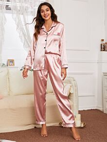 LuxeNights Contrast Piping Satin Pajama Set, Fall Winter Clothes Cozy And Elegant Details - Dusty Pink - View 5