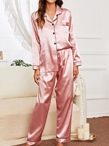 LuxeNights Contrast Piping Satin Pajama Set, Fall Winter Clothes Cozy And Elegant Details - Dusty Pink - View 4