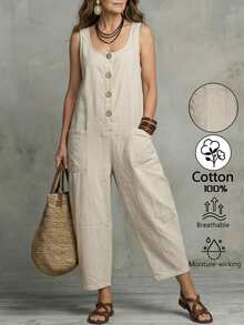Omancia Women's Casual Loose Sleeveless Jumpsuit - Apricot - View 4