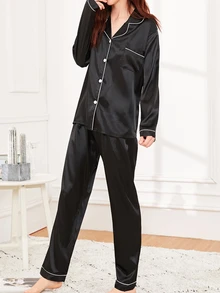 LuxeNights Contrast Binding Satin Pajama Set, Cozy And Elegant Details, Fall Winter Clothes - Black - View 5