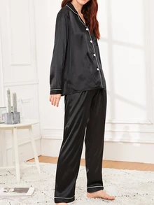 LuxeNights Contrast Binding Satin Pajama Set, Cozy And Elegant Details, Fall Winter Clothes - Black - View 3