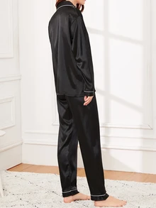 LuxeNights Contrast Binding Satin Pajama Set, Cozy And Elegant Details, Fall Winter Clothes - Black - View 2