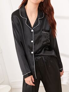 LuxeNights Contrast Binding Satin Pajama Set, Cozy And Elegant Details, Fall Winter Clothes - Black - View 6