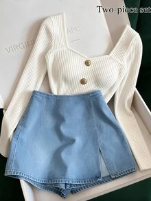 SHEIN Women's Button Design White T-Shirt And Skort 2 Pieces Set, Holiday Office, Festival Outfit - Blue and White - View 1
