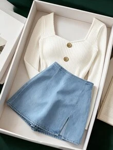 SHEIN Women's Button Design White T-Shirt And Skort 2 Pieces Set, Holiday Office, Festival Outfit - Blue and White - View 9