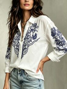 Selamara Plus Size Women's Floral Print Long Sleeve Single-Breasted Casual Shirt Fall - Multicolor - View 4