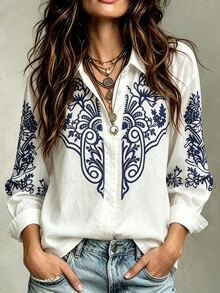 Selamara Plus Size Women's Floral Print Long Sleeve Single-Breasted Casual Shirt Fall - Multicolor - View 1