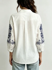 Selamara Plus Size Women's Floral Print Long Sleeve Single-Breasted Casual Shirt Fall - Multicolor - View 2