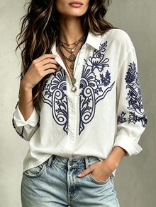 Selamara Plus Size Women's Floral Print Long Sleeve Single-Breasted Casual Shirt Fall - Multicolor - View 3