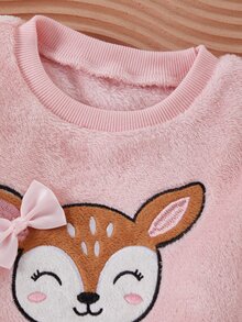 SHEIN Playful Pals 秋冬保暖加厚雙面法蘭絨幼兒女童套裝，鹿花刺繡粉色上衣搭配甜美花卉長褲，毛絨居家服 - 粉色 - 查看 7