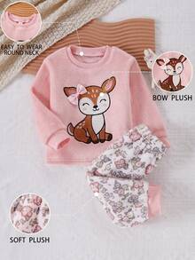 SHEIN Playful Pals 秋冬保暖加厚雙面法蘭絨幼兒女童套裝，鹿花刺繡粉色上衣搭配甜美花卉長褲，毛絨居家服 - 粉色 - 查看 8