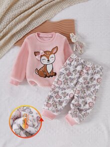 SHEIN Playful Pals 秋冬保暖加厚雙面法蘭絨幼兒女童套裝，鹿花刺繡粉色上衣搭配甜美花卉長褲，毛絨居家服 - 粉色 - 查看 1