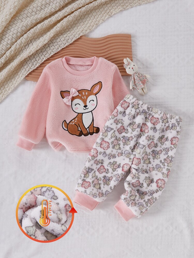 SHEIN Playful Pals Autumn/Winter Thermal Lined Thickened Double-Sided Flannel Toddler Girls Set, Deer Embroidery Pink Top With Sweet Floral Long Pants, Plush Loungewear - Pink - View 8