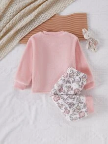 SHEIN Playful Pals 秋冬保暖加厚雙面法蘭絨幼兒女童套裝，鹿花刺繡粉色上衣搭配甜美花卉長褲，毛絨居家服 - 粉色 - 查看 2