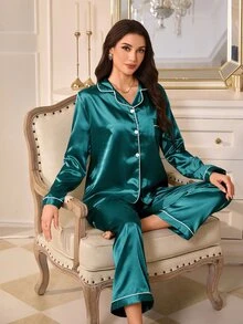 LuxeNights Solid Color Faux Silk Long Sleeve Long Pants Pajama Set - Dark Green - View 3
