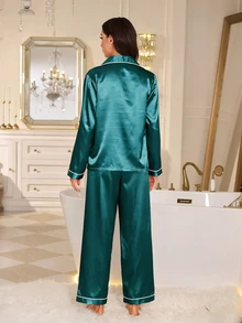 LuxeNights Solid Color Faux Silk Long Sleeve Long Pants Pajama Set - Dark Green - View 2