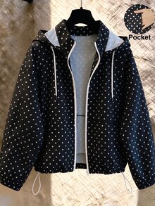 GlowEve CURVE Plus Polka Dot Print Drop Shoulder Drawstring Hooded Jacket - Black and White - View 3