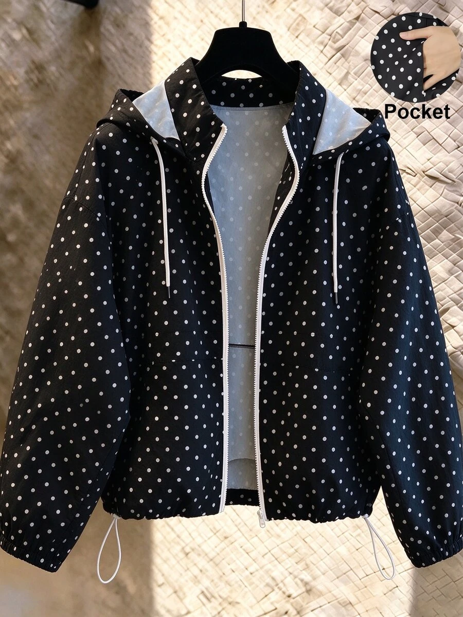 GlowEve CURVE Plus Polka Dot Print Drop Shoulder Drawstring Hooded Jacket Fall - Black and White - View 1