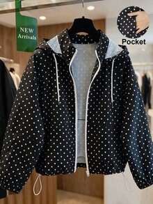 GlowEve CURVE Plus Polka Dot Print Drop Shoulder Drawstring Hooded Jacket - Black and White - View 1