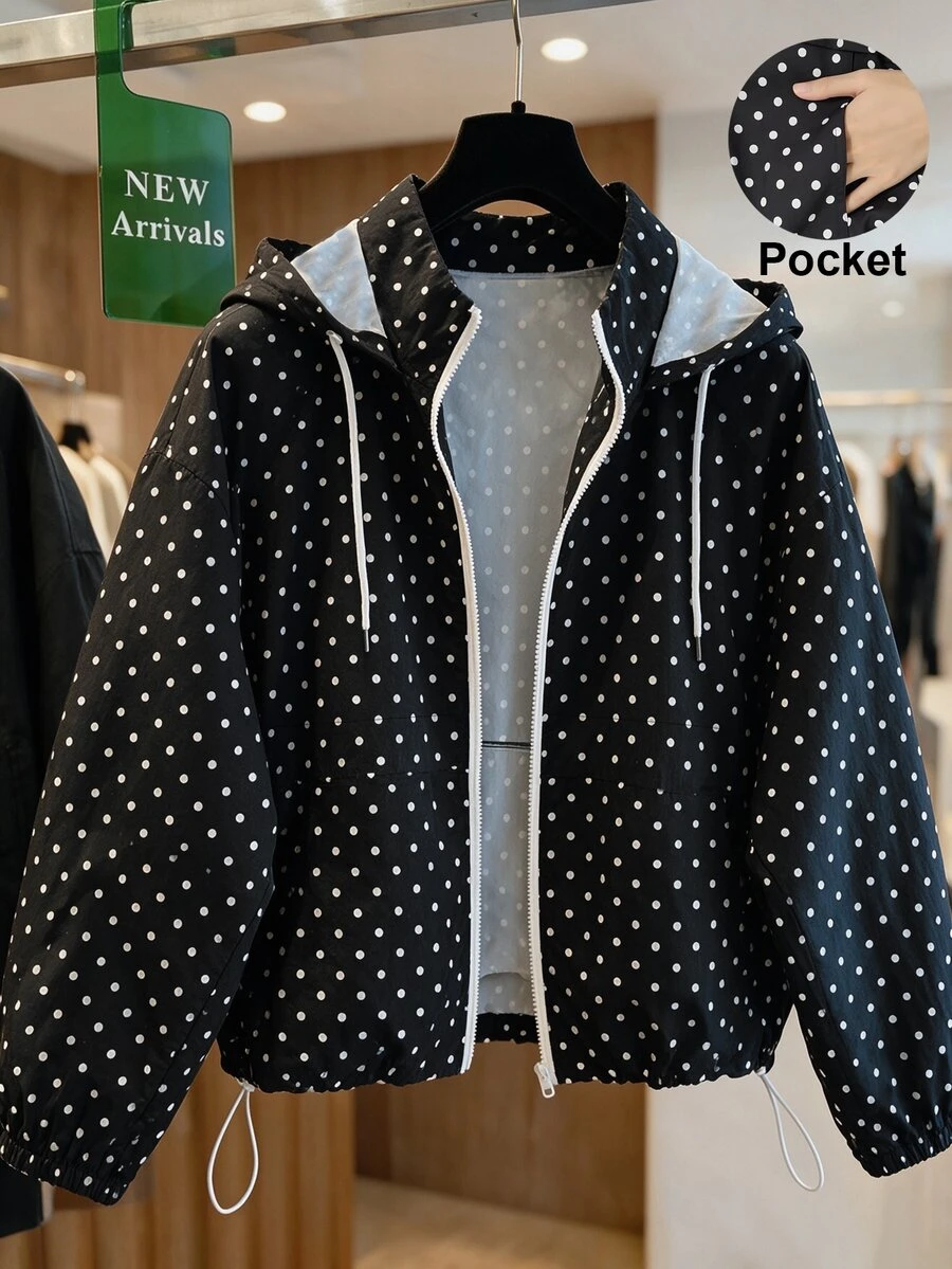 GlowEve CURVE Plus Polka Dot Print Drop Shoulder Drawstring Hooded Jacket - Black and White - View 1
